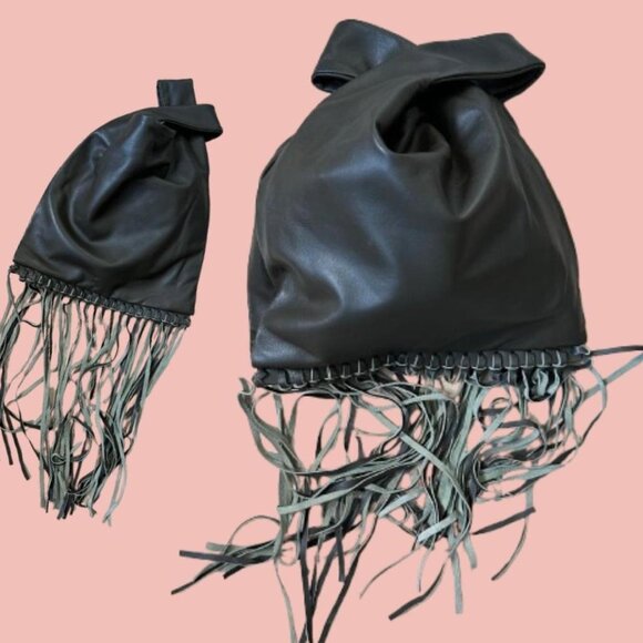 Zara faux leather handbag with long fringe detail Olive green tone - Picture 1 of 8